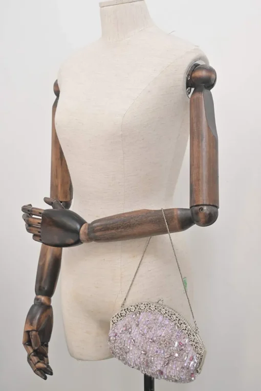 Lilac embellished fabric and metal kiss lock purse featuring tonal bead broderie motif