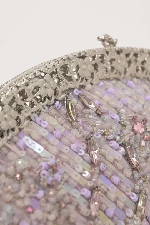 Lilac embellished fabric and metal kiss lock purse featuring tonal bead broderie motif
