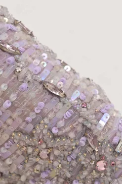 Lilac embellished fabric and metal kiss lock purse featuring tonal bead broderie motif