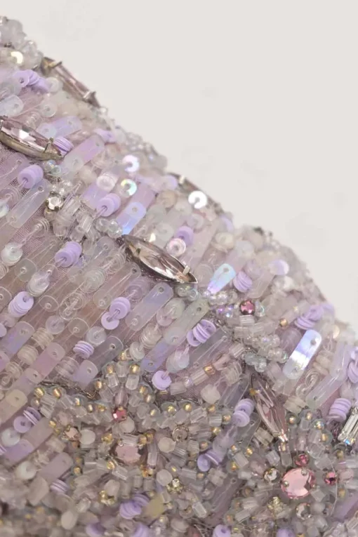 Lilac embellished fabric and metal kiss lock purse featuring tonal bead broderie motif