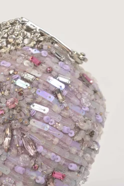 Lilac embellished fabric and metal kiss lock purse featuring tonal bead broderie motif