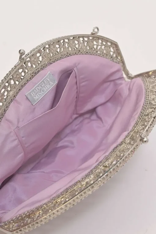 Lilac embellished fabric and metal kiss lock purse featuring tonal bead broderie motif