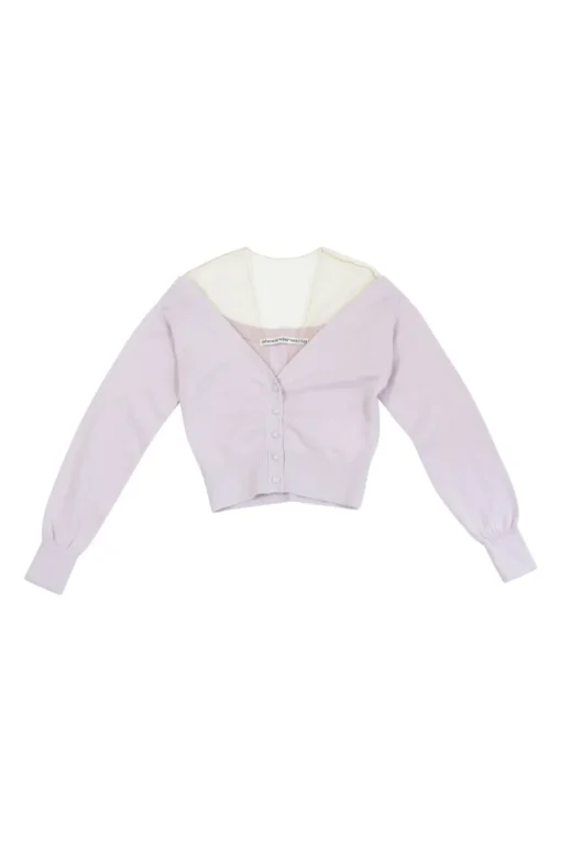 Lilac paneled wool-blend and illusion tulle cropped off-shoulder cardigan with sheer yoke