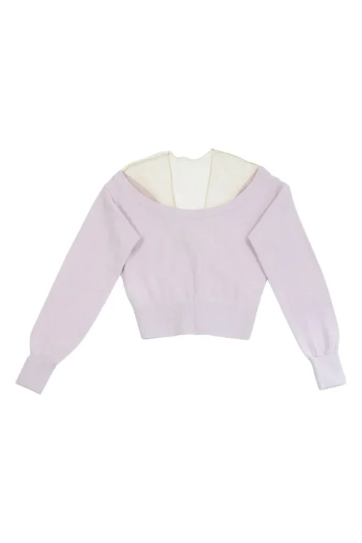 Lilac paneled wool-blend and illusion tulle cropped off-shoulder cardigan with sheer yoke