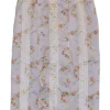Lilac taffeta silk floral print ruffle pencil skirt with lace trim details