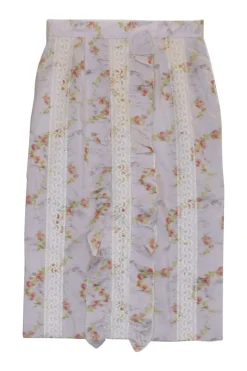 Lilac taffeta silk floral print ruffle pencil skirt with lace trim details