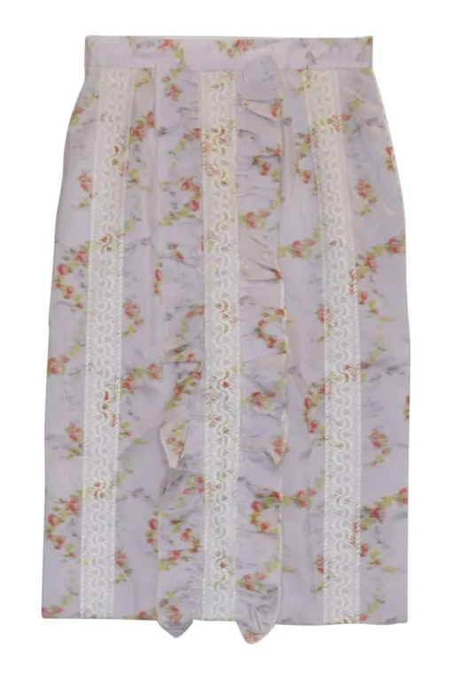 Lilac taffeta silk floral print ruffle pencil skirt with lace trim details