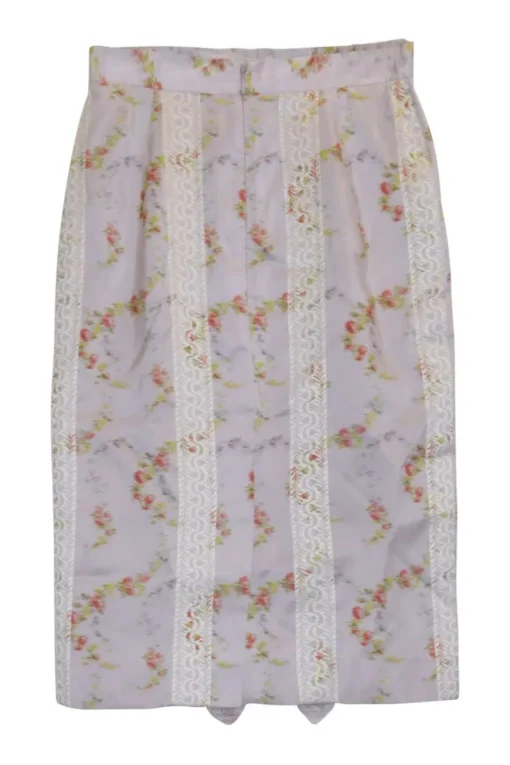Lilac taffeta silk floral print ruffle pencil skirt with lace trim details