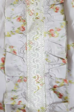 Lilac taffeta silk floral print ruffle pencil skirt with lace trim details