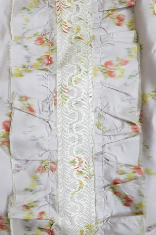 Lilac taffeta silk floral print ruffle pencil skirt with lace trim details