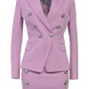 Lilac wool two-piece mini skirt suit set featuring double breasted tailored jacket and sailor-style pencil skirt