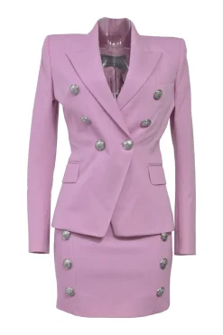 Lilac wool two-piece mini skirt suit set featuring double breasted tailored jacket and sailor-style pencil skirt