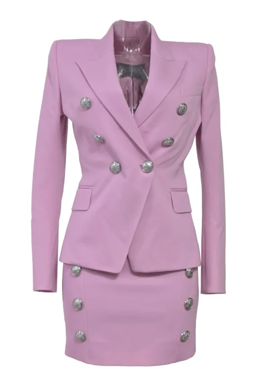 Lilac wool two-piece mini skirt suit set featuring double breasted tailored jacket and sailor-style pencil skirt