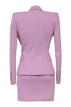 Lilac wool two-piece mini skirt suit set featuring double breasted tailored jacket and sailor-style pencil skirt