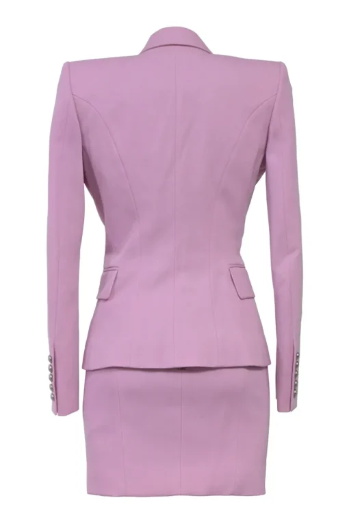 Lilac wool two-piece mini skirt suit set featuring double breasted tailored jacket and sailor-style pencil skirt