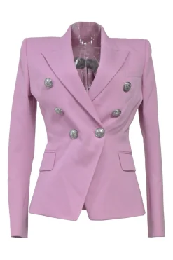 Lilac wool two-piece mini skirt suit set featuring double breasted tailored jacket and sailor-style pencil skirt