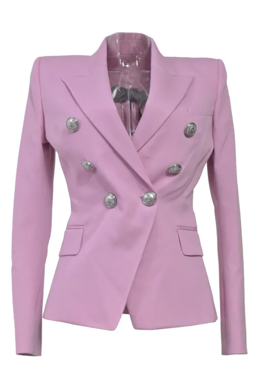 Lilac wool two-piece mini skirt suit set featuring double breasted tailored jacket and sailor-style pencil skirt