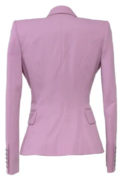 Lilac wool two-piece mini skirt suit set featuring double breasted tailored jacket and sailor-style pencil skirt