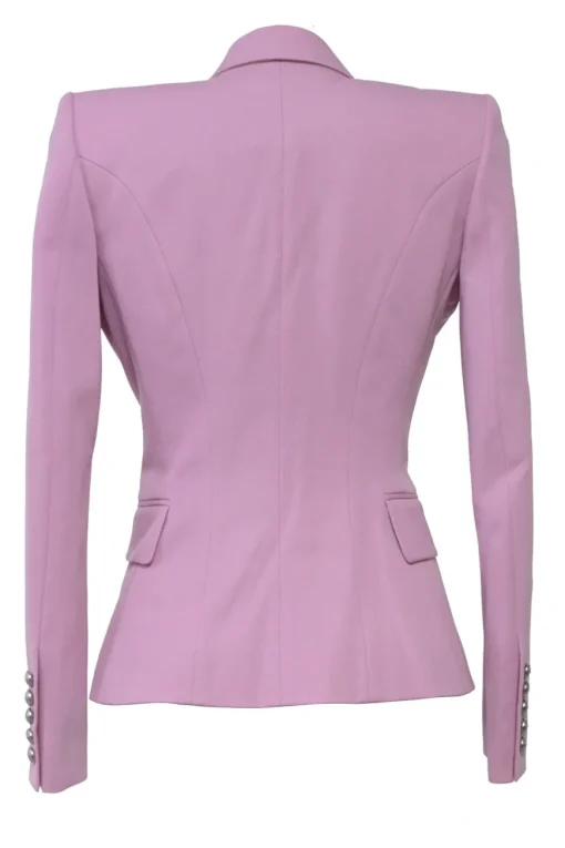 Lilac wool two-piece mini skirt suit set featuring double breasted tailored jacket and sailor-style pencil skirt