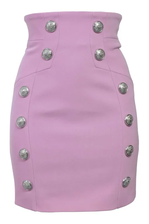 Lilac wool two-piece mini skirt suit set featuring double breasted tailored jacket and sailor-style pencil skirt