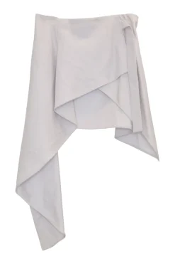 Lilac wool wrap-front pull tab belt mini skirt with cascade ruffle hem