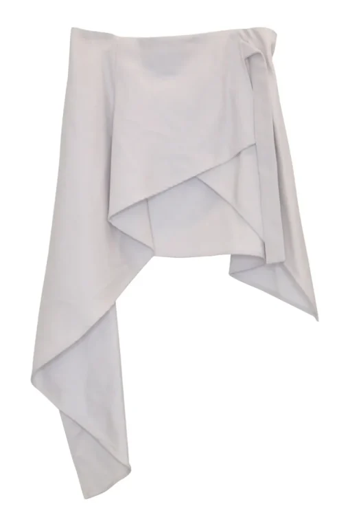 Lilac wool wrap-front pull tab belt mini skirt with cascade ruffle hem