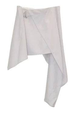 Lilac wool wrap-front pull tab belt mini skirt with cascade ruffle hem
