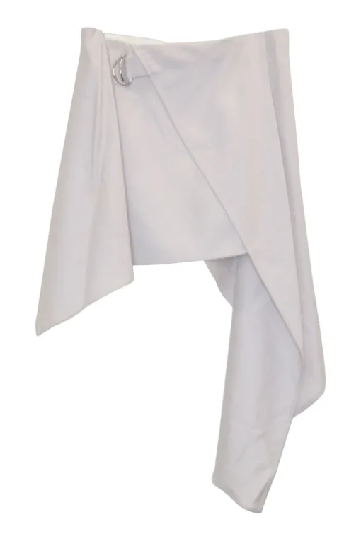 Lilac wool wrap-front pull tab belt mini skirt with cascade ruffle hem