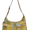 Lime green canvas and leather novelty leopard print shoulder bag