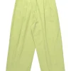 Lime green rayon-blend twill pull-on high-rise pleated straight leg trousers with elasticated waistband