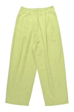Lime green rayon-blend twill pull-on high-rise pleated straight leg trousers with elasticated waistband