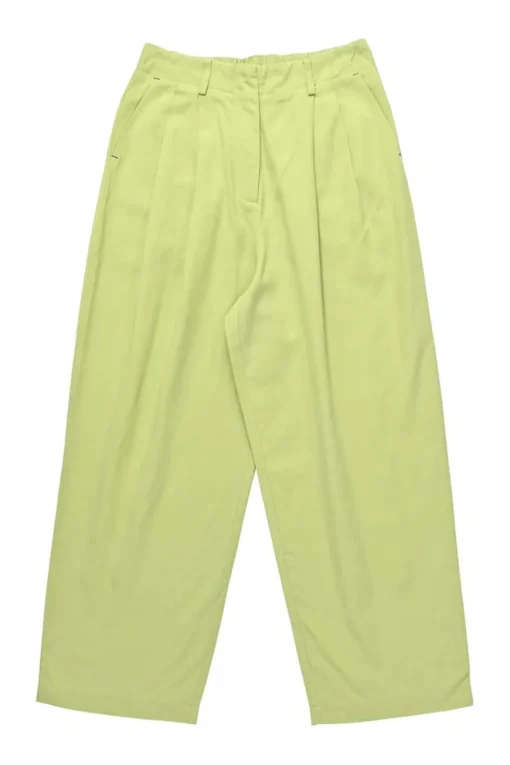 Lime green rayon-blend twill pull-on high-rise pleated straight leg trousers with elasticated waistband