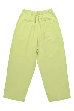 Lime green rayon-blend twill pull-on high-rise pleated straight leg trousers with elasticated waistband