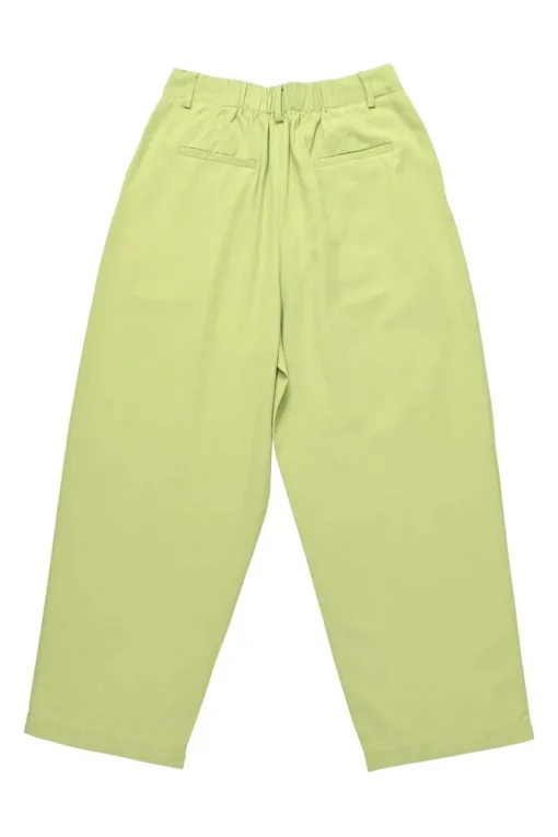 Lime green rayon-blend twill pull-on high-rise pleated straight leg trousers with elasticated waistband