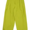 Lime green wool pull-on high-rise pleated trousers with waist adjuster and tab cuffs