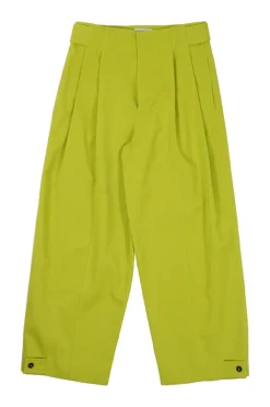 Lime green wool pull-on high-rise pleated trousers with waist adjuster and tab cuffs