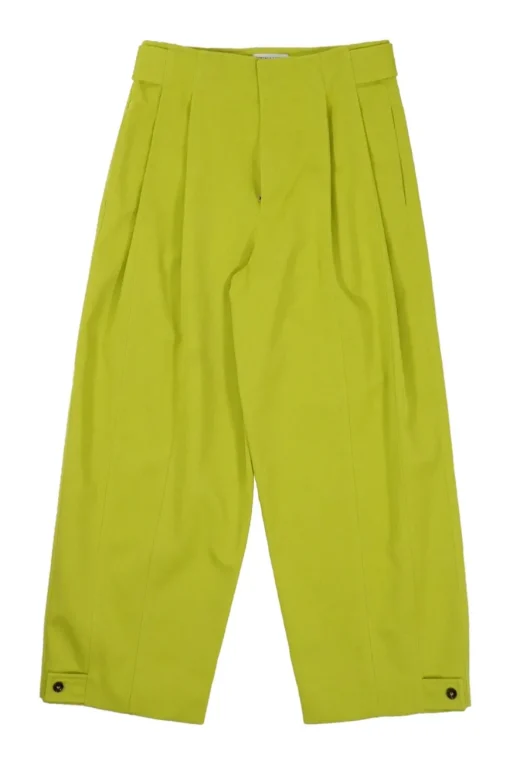 Lime green wool pull-on high-rise pleated trousers with waist adjuster and tab cuffs