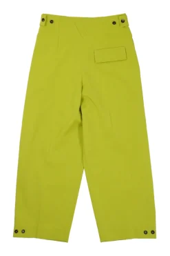 Lime green wool pull-on high-rise pleated trousers with waist adjuster and tab cuffs