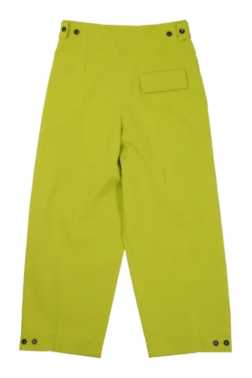 Lime green wool pull-on high-rise pleated trousers with waist adjuster and tab cuffs
