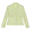 Lime green wool-blend bouclé tweed single breasted shawl lapel tailored jacket and and mini skirt suit set