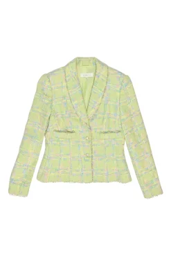 Lime green wool-blend bouclé tweed single breasted shawl lapel tailored jacket and and mini skirt suit set
