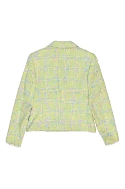 Lime green wool-blend bouclé tweed single breasted shawl lapel tailored jacket and and mini skirt suit set