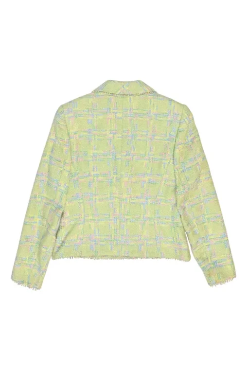 Lime green wool-blend bouclé tweed single breasted shawl lapel tailored jacket and and mini skirt suit set