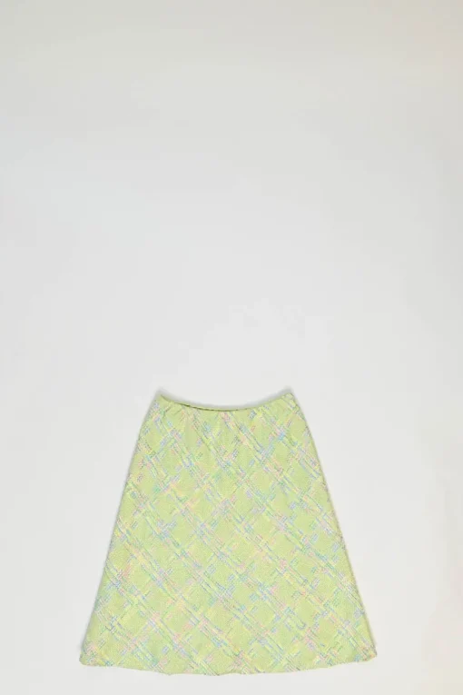 Lime green wool-blend bouclé tweed single breasted shawl lapel tailored jacket and and mini skirt suit set