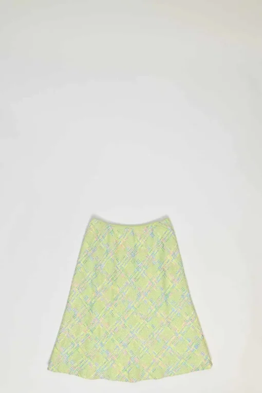 Lime green wool-blend bouclé tweed single breasted shawl lapel tailored jacket and and mini skirt suit set