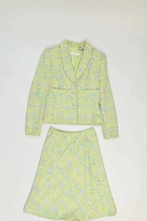 Lime green wool-blend bouclé tweed single breasted shawl lapel tailored jacket and and mini skirt suit set
