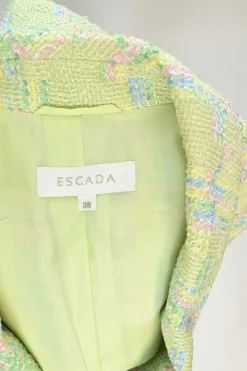 Lime green wool-blend bouclé tweed single breasted shawl lapel tailored jacket and and mini skirt suit set