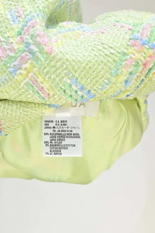 Lime green wool-blend bouclé tweed single breasted shawl lapel tailored jacket and and mini skirt suit set