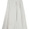 Limestone bias-cut cotton poplin pull-on A-line midi skirt with slanted zip-up fastening