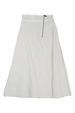Limestone bias-cut cotton poplin pull-on A-line midi skirt with slanted zip-up fastening